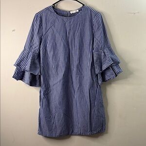 Blue and White Striped Dress with Ruffle Sleeves